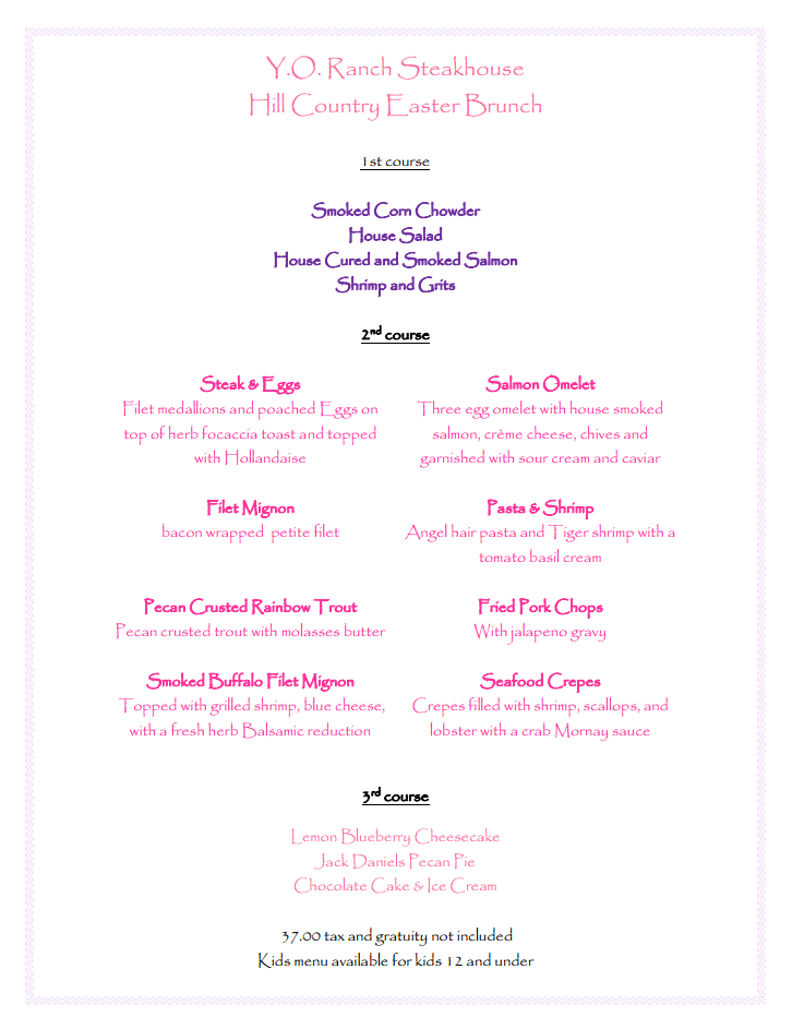 Y.O. Ranch Steakhouse Dallas Easter Bruch Menu