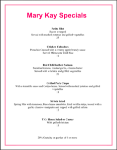 downtown dallas restaurant menu for mary kay